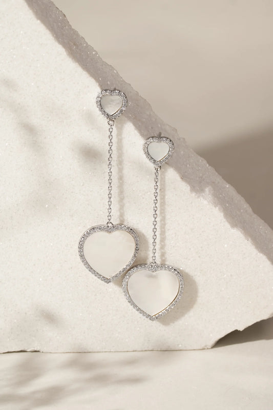 Mother of Pearl & White Zircon Heart Earrings