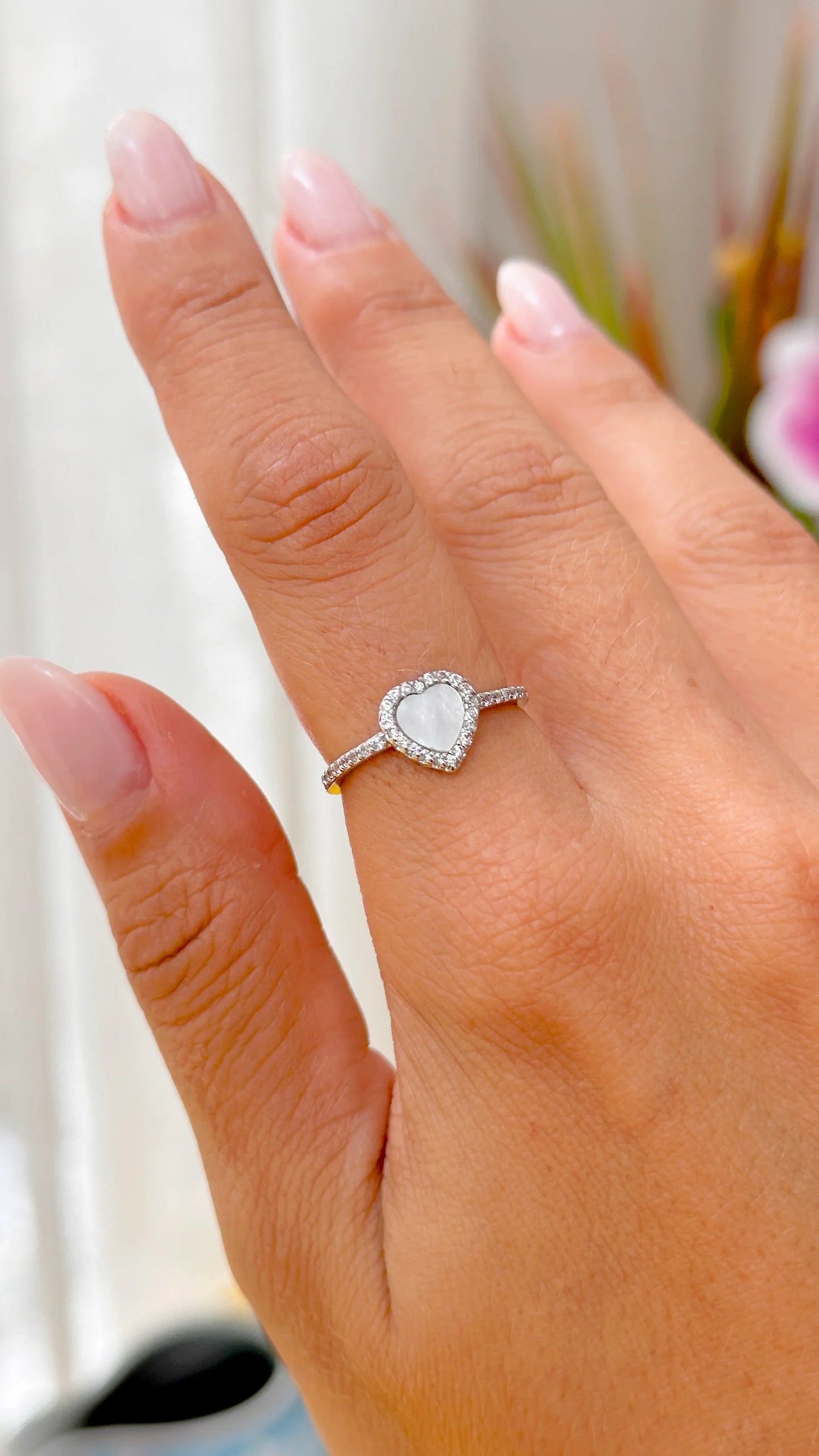 Mother of Pearl & White Zircon Heart Ring