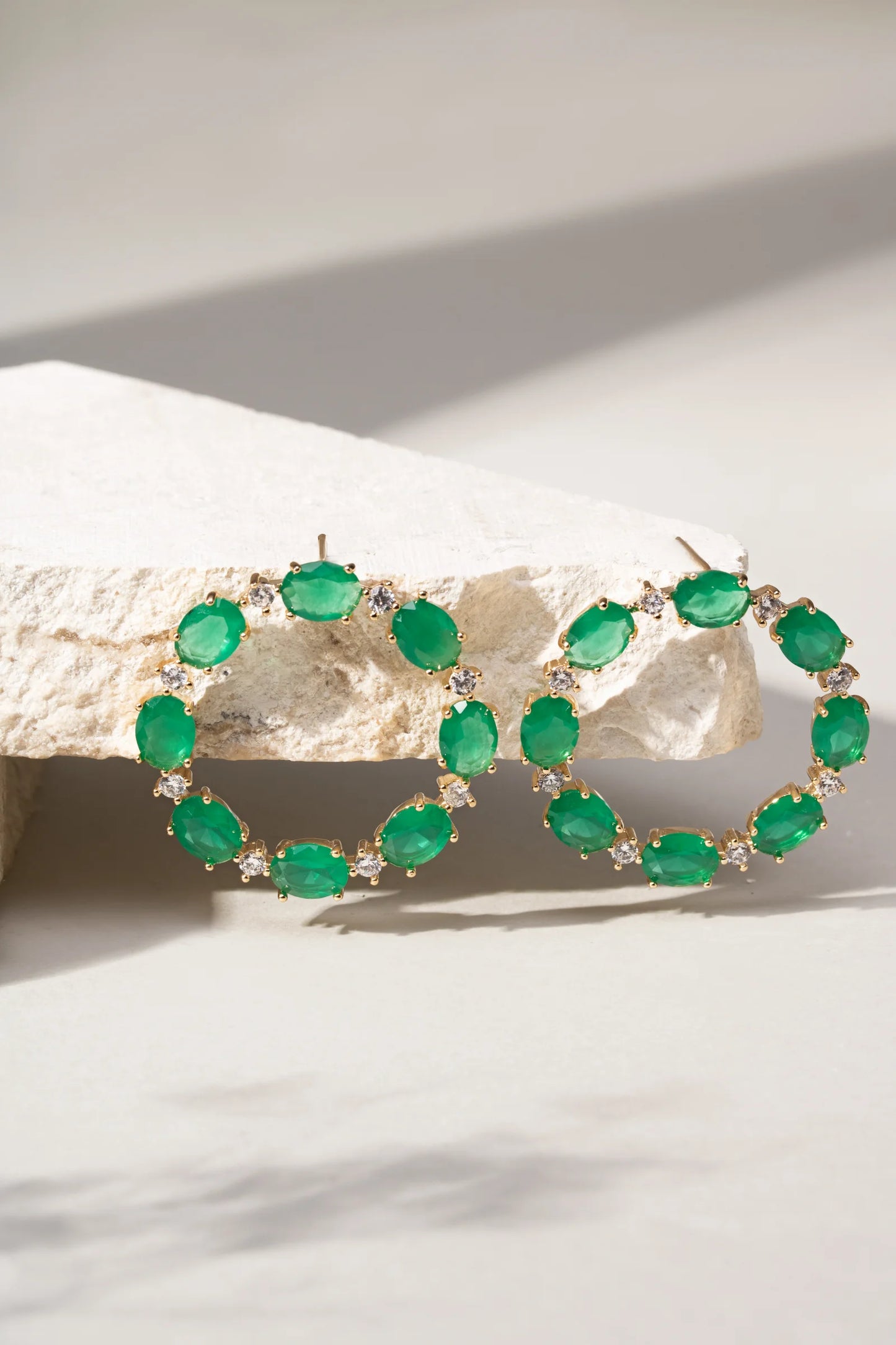 Emerald Crystal and White Zircon Circle Earrings