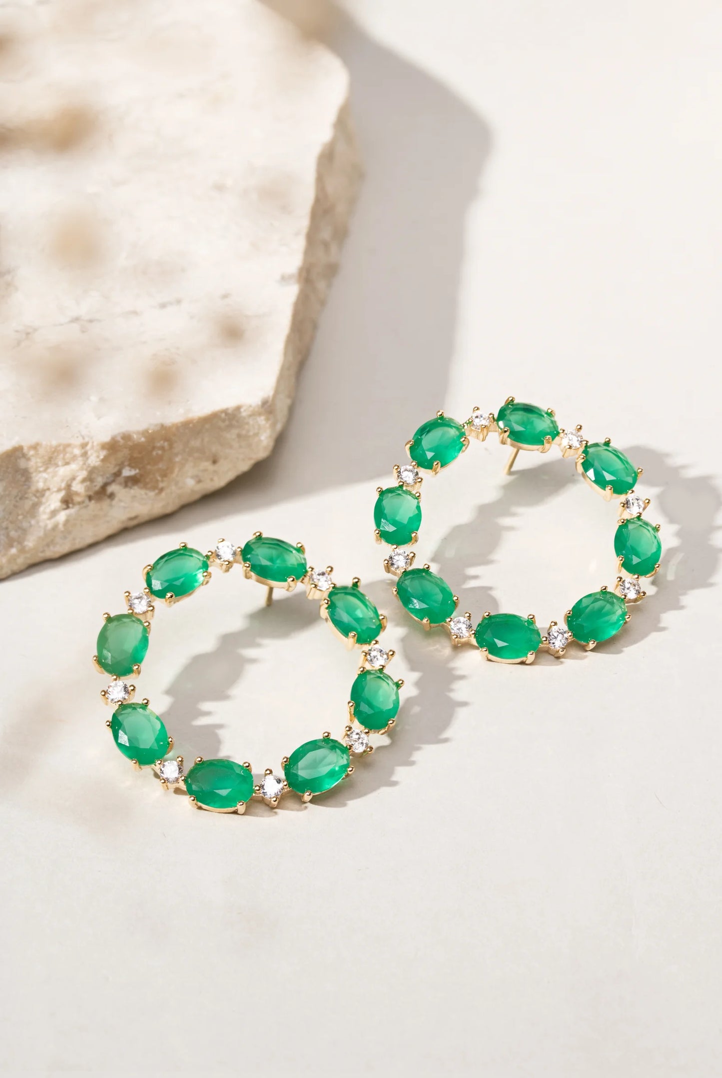 Emerald Crystal and White Zircon Circle Earrings