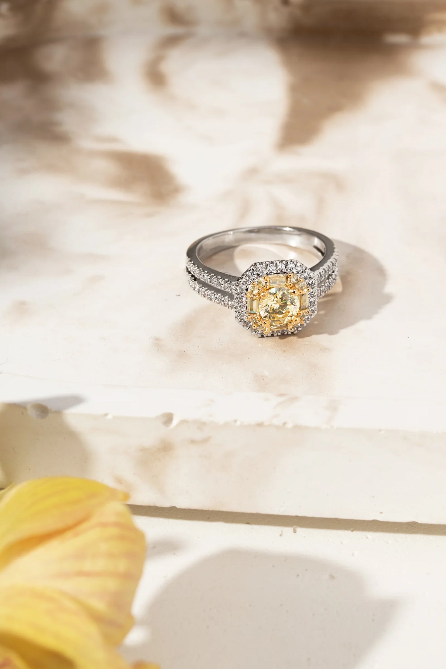 White and Yellow Baguette Zircon Square Ring