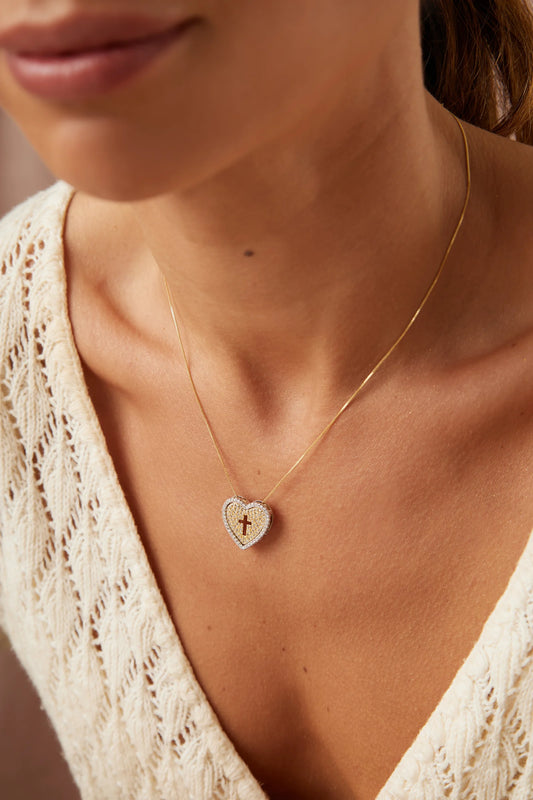 White Zircon Double Heart & Cross Necklace