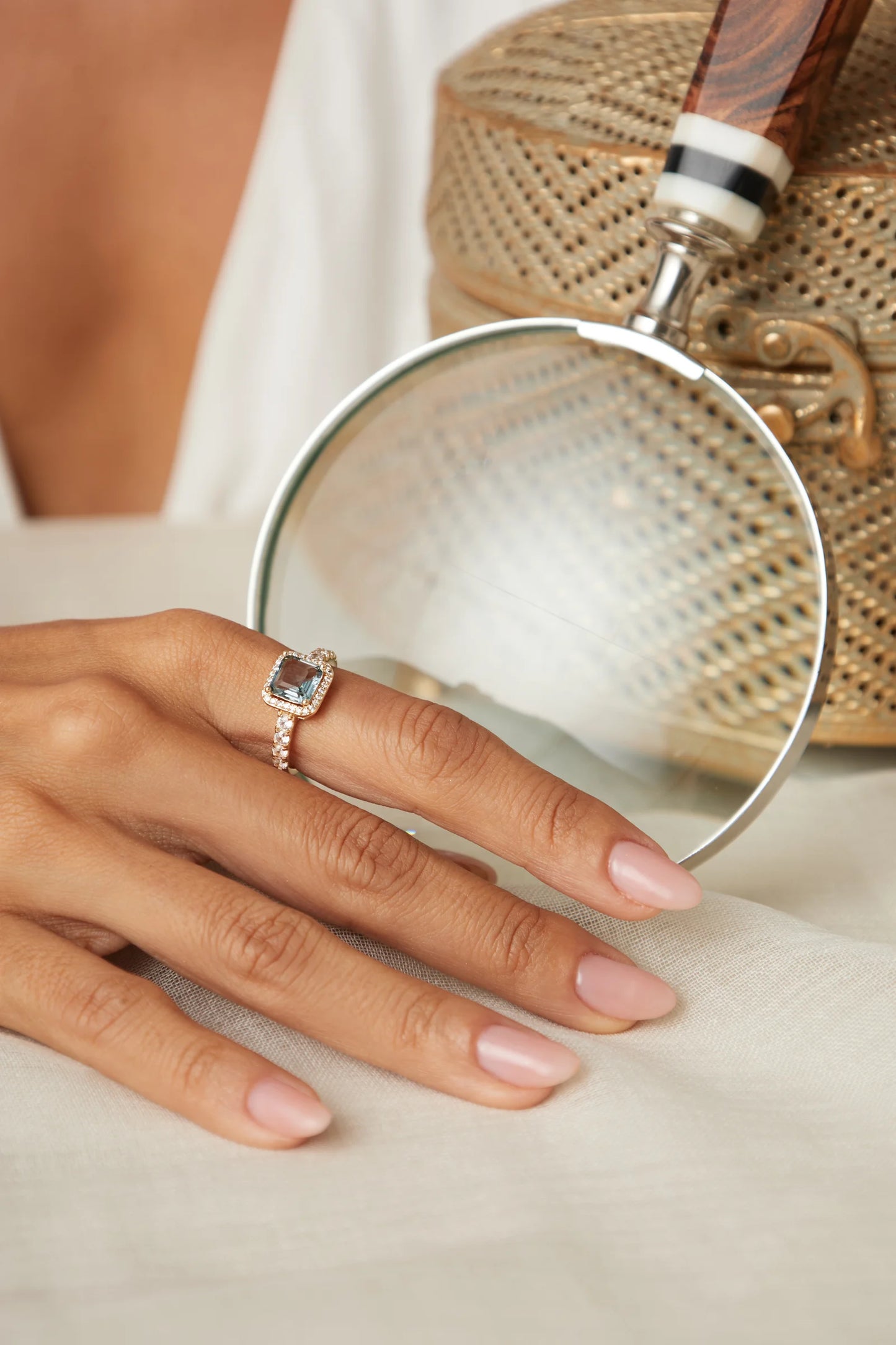 London Blue Crystal & White Zircon Square Ring