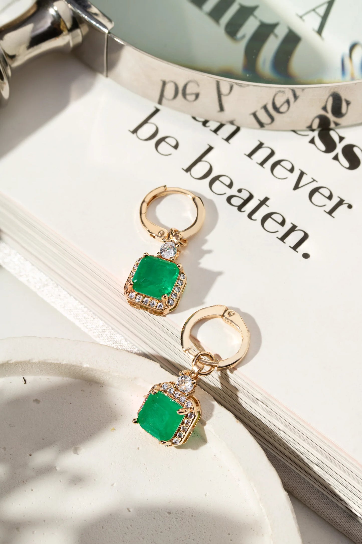 Colombian Emerald Fusion & White Zircon Square Earrings