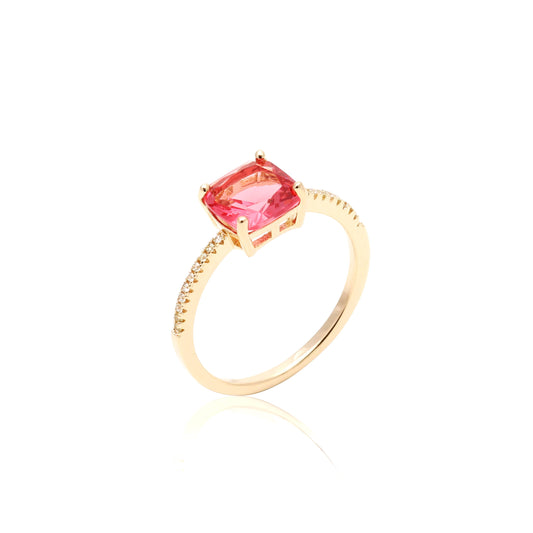 Pink Tourmaline Crystal and White Zircon Ring