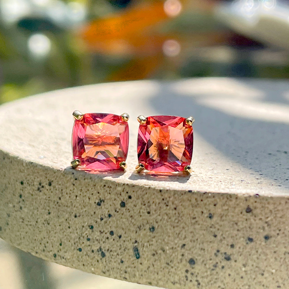 Pink Tourmaline Crystal Square Earrings