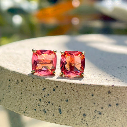 Pink Tourmaline Crystal Square Earrings