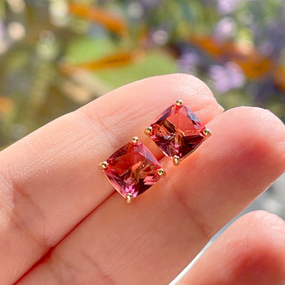 Pink Tourmaline Crystal Square Earrings