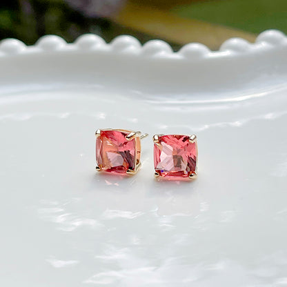 Pink Tourmaline Crystal Square Earrings