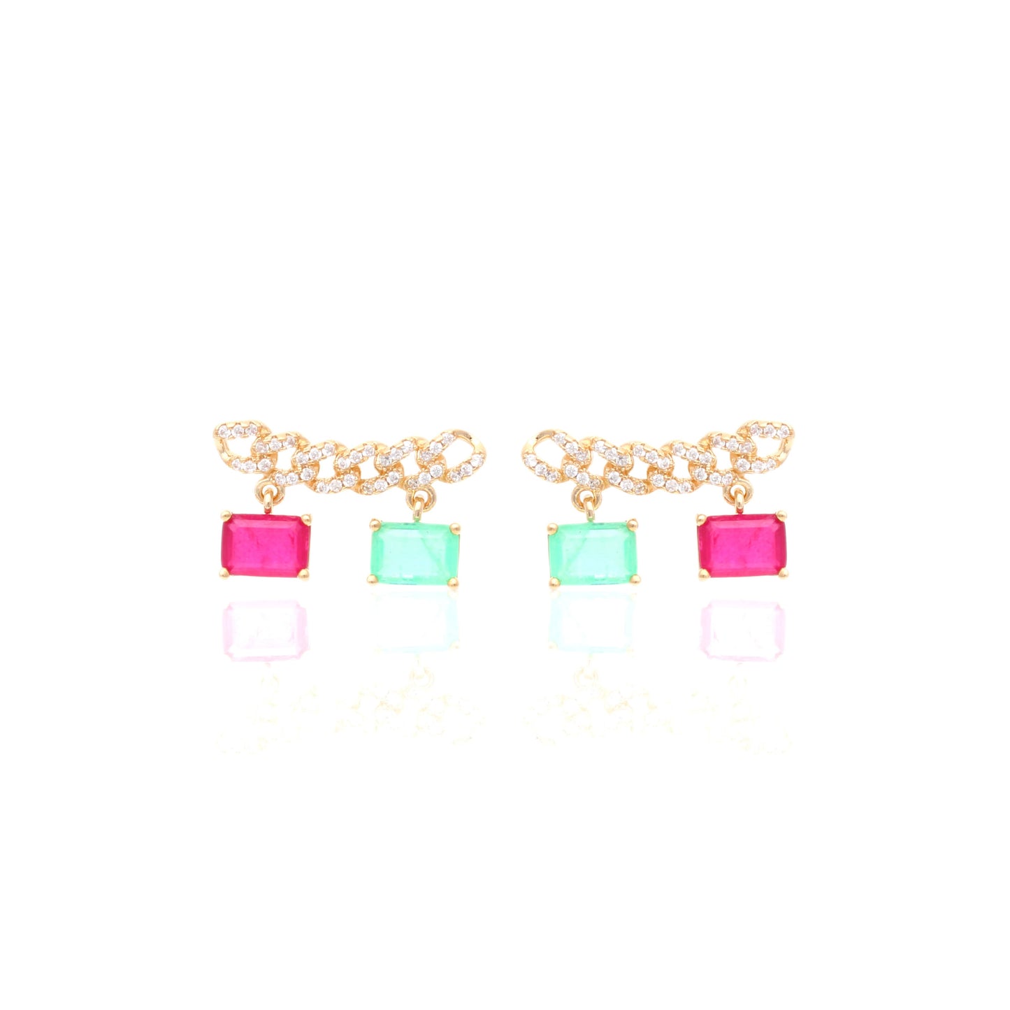 Pink Tourmaline/Emerald Fusion Stones and White Zircon Earrings