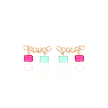 Pink Tourmaline/Emerald Fusion Stones and White Zircon Earrings