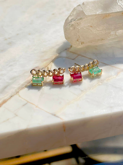 Pink Tourmaline/Emerald Fusion Stones and White Zircon Earrings