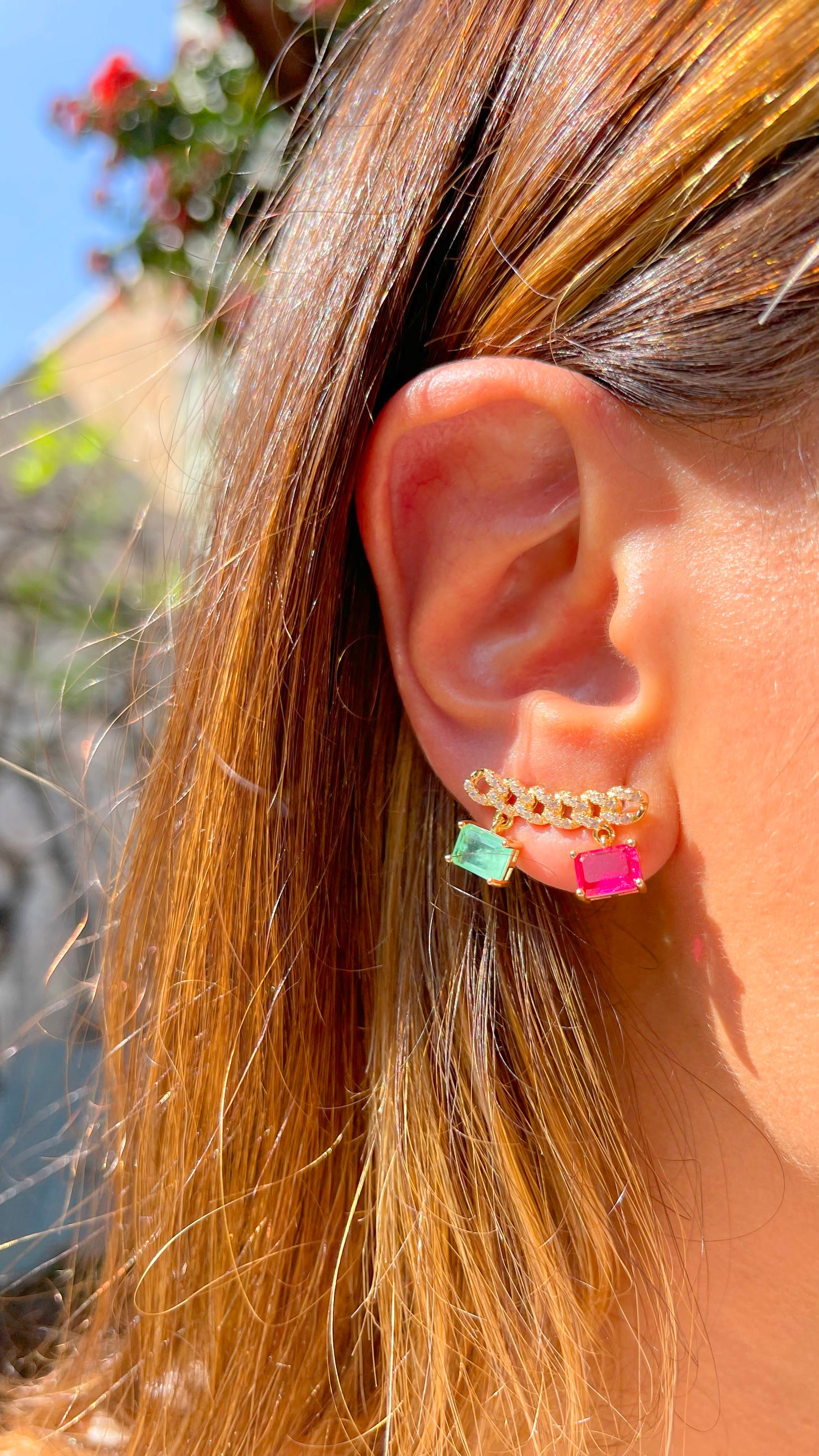 Pink Tourmaline/Emerald Fusion Stones and White Zircon Earrings