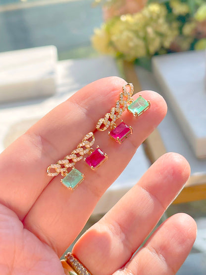 Pink Tourmaline/Emerald Fusion Stones and White Zircon Earrings