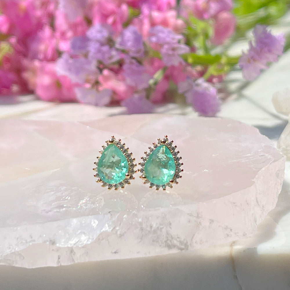 Colombian Emerald Drop Fusion Stone and White Zircon Earrings