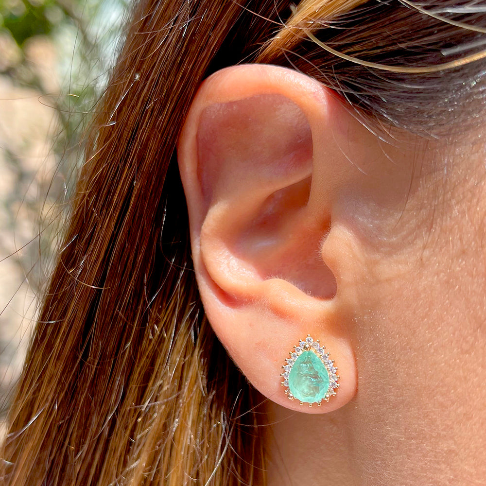 Colombian Emerald Drop Fusion Stone and White Zircon Earrings