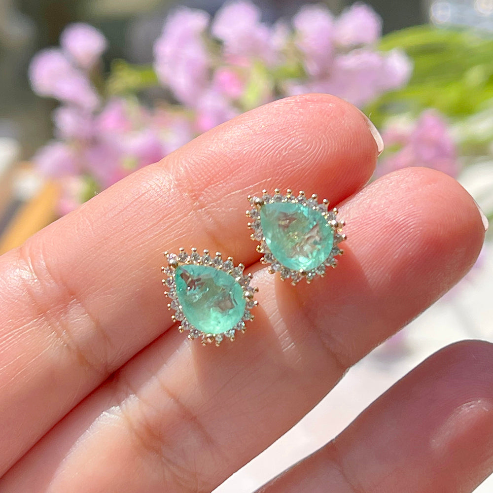 Colombian Emerald Drop Fusion Stone and White Zircon Earrings