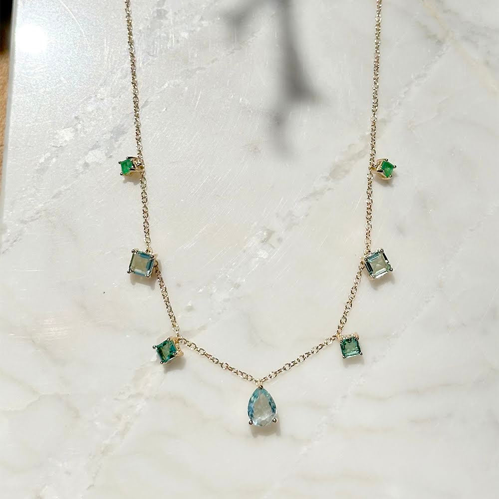 Blue Topaz/Emerald/Paraiba Crystals Necklace