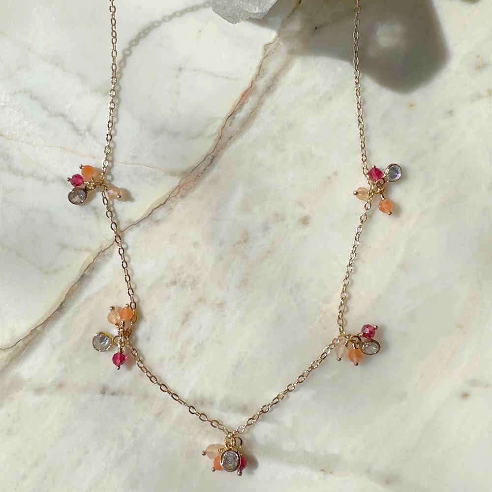 Ruby/Pink Tourmaline Crystals and White Zircon Necklace