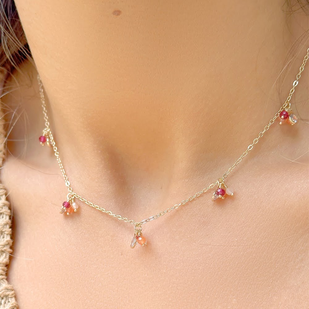 Ruby/Pink Tourmaline Crystals and White Zircon Necklace