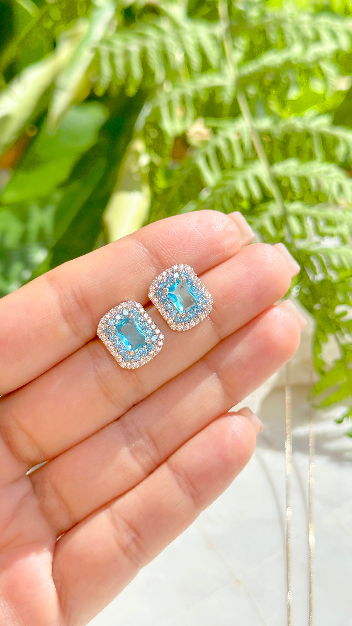 Blue Topaz Crystal Rectangle and White/Blue Zircon Earrings