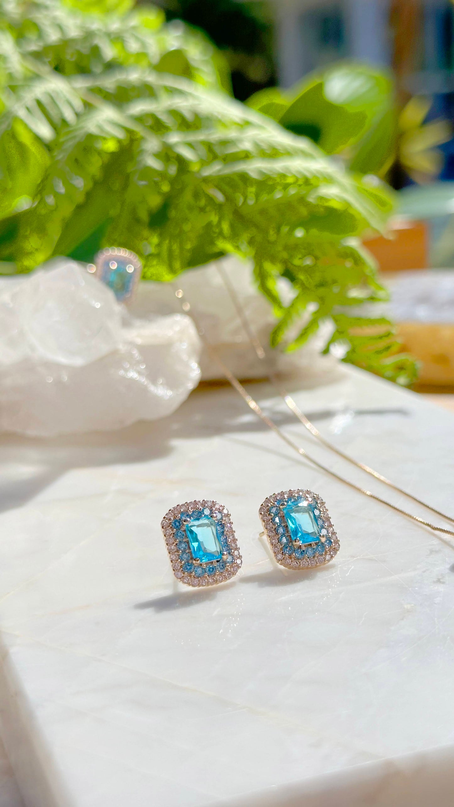 Blue Topaz Crystal Rectangle and White/Blue Zircon Earrings