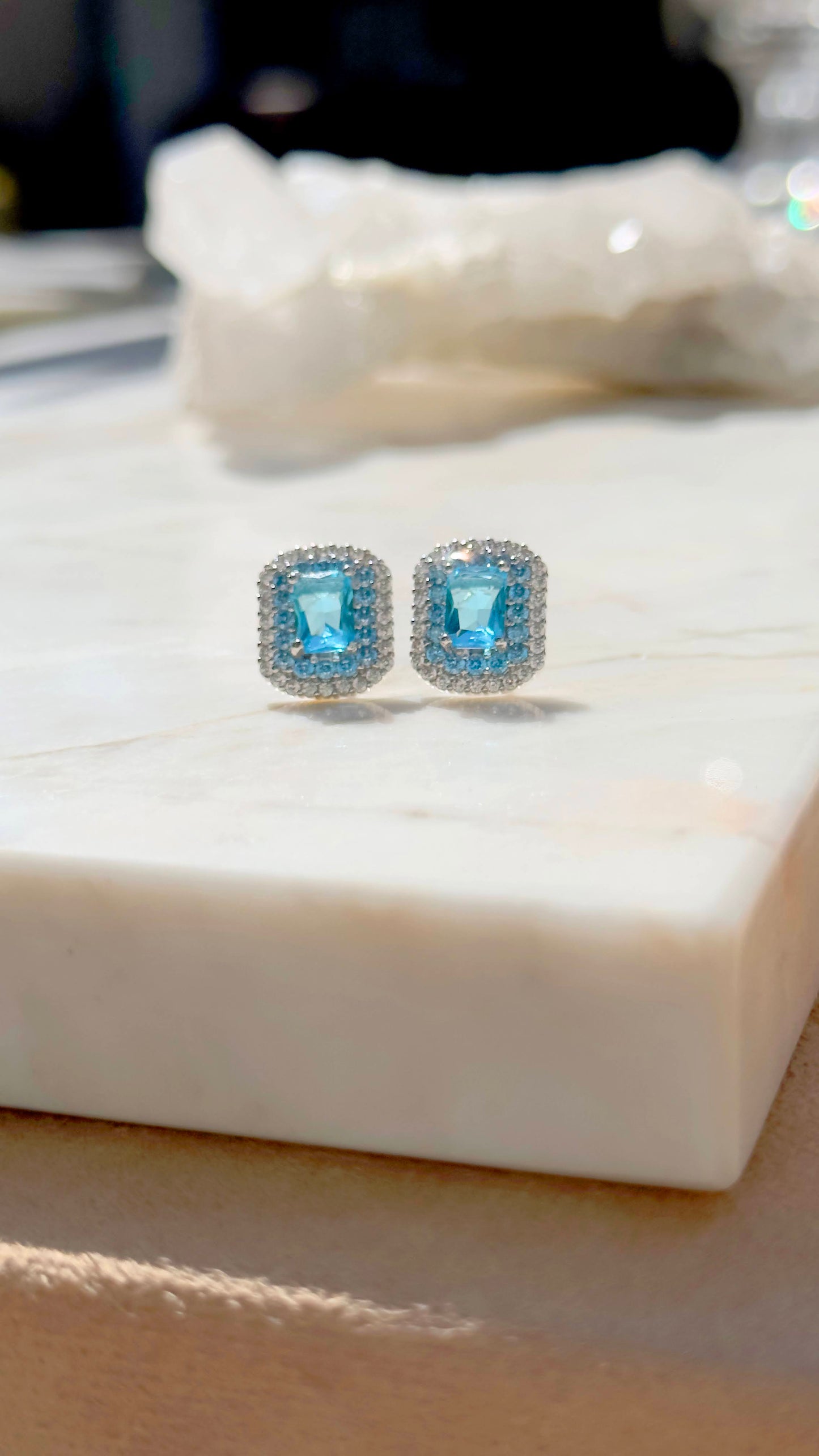 Blue Topaz Crystal Rectangle and White/Blue Zircon Earrings