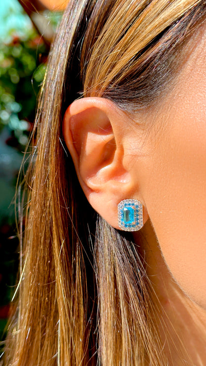 Blue Topaz Crystal Rectangle and White/Blue Zircon Earrings