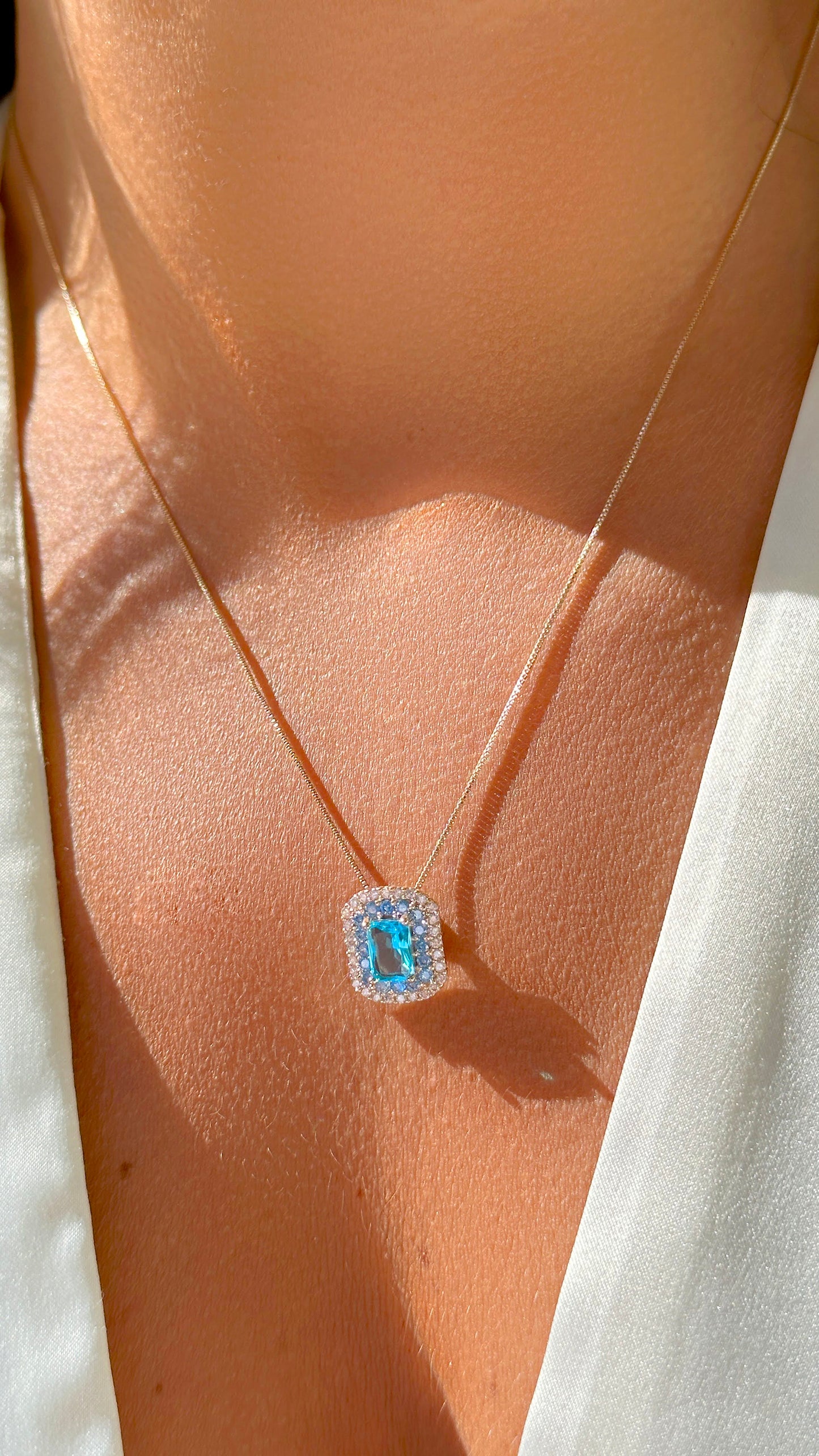 Rectangle Blue Topaz Crystal and White/Blue Zircon Necklace