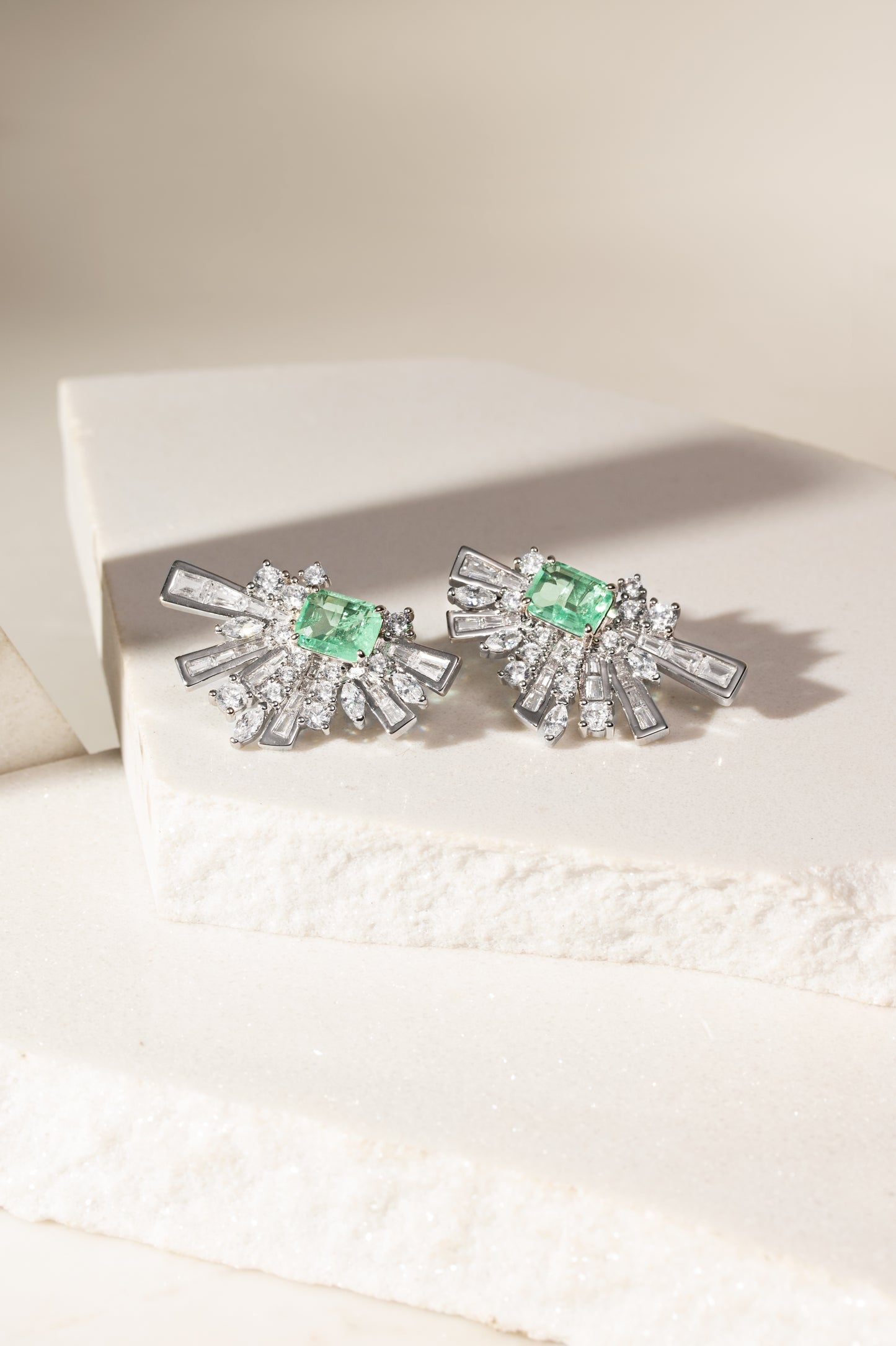 Colombian Emerald Fusion and White Zircon Fan Earrings