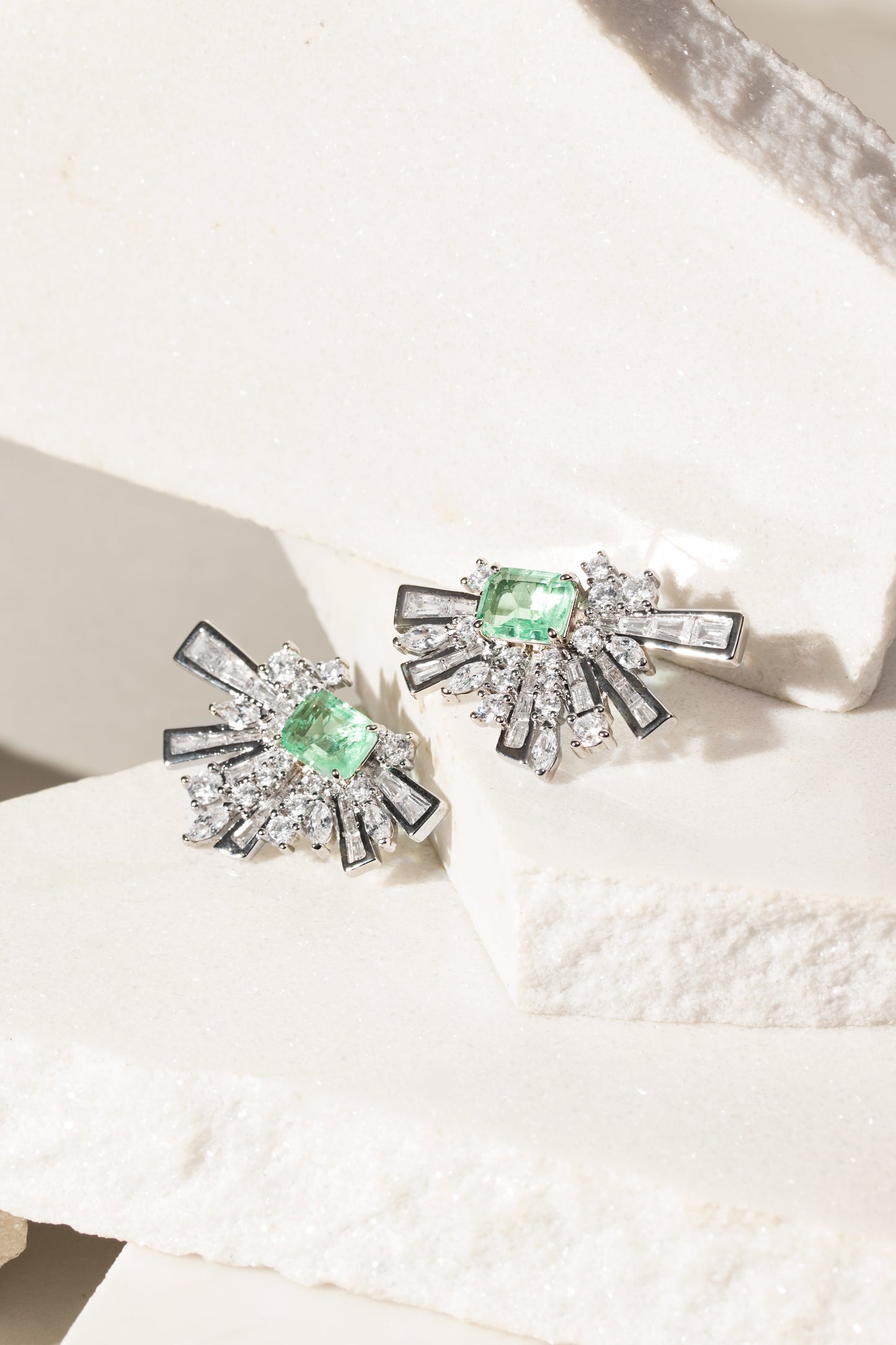 Colombian Emerald Fusion and White Zircon Fan Earrings