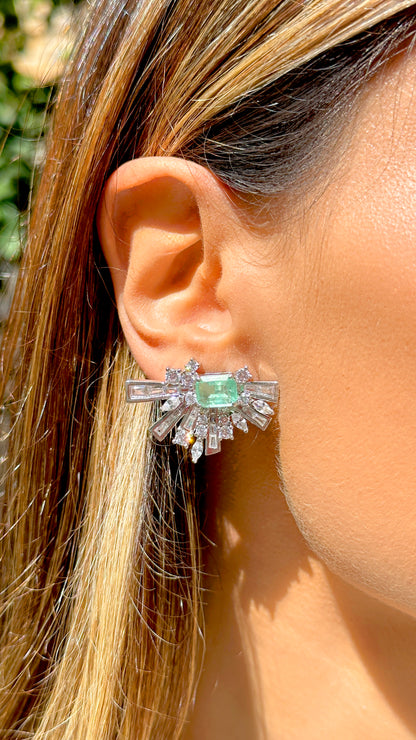 Colombian Emerald Fusion and White Zircon Fan Earrings