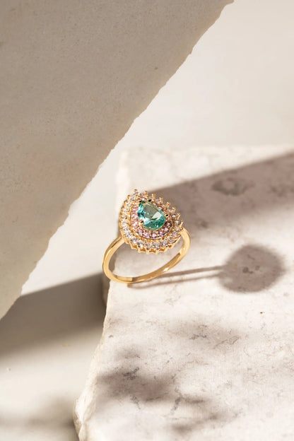 Paraiba Crystal & Pink/White Zircon Drop Ring