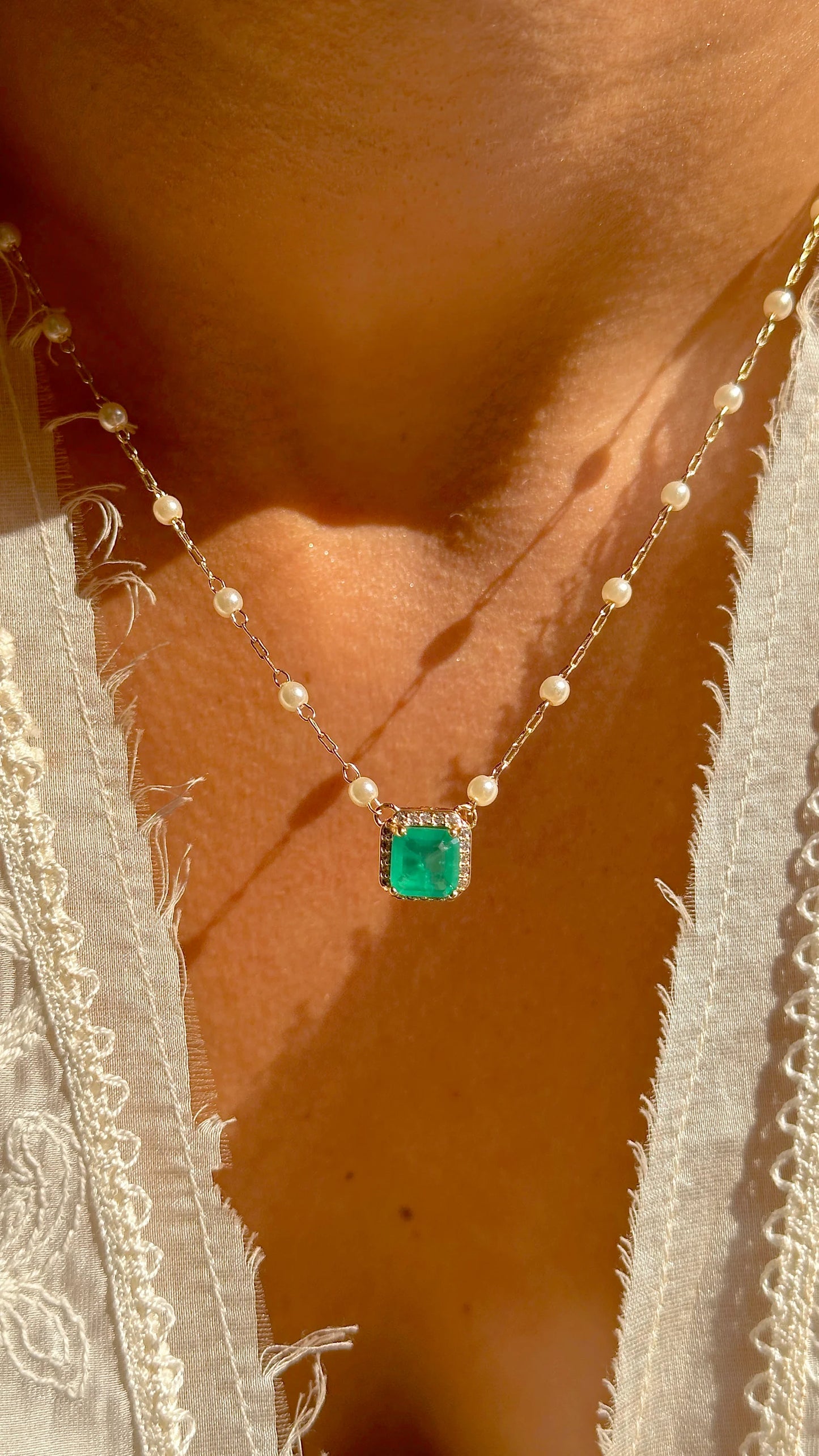 Emerald Fusion & White Zircon with Pearls Necklace