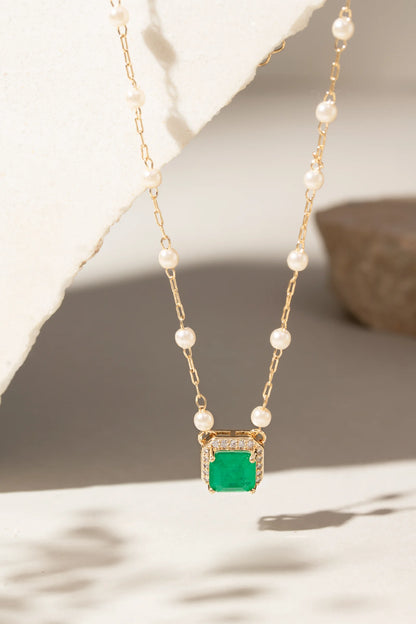 Emerald Fusion & White Zircon with Pearls Necklace
