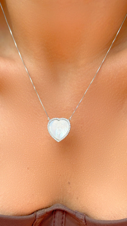 Mother of Pearl & White Zircon Heart Necklace