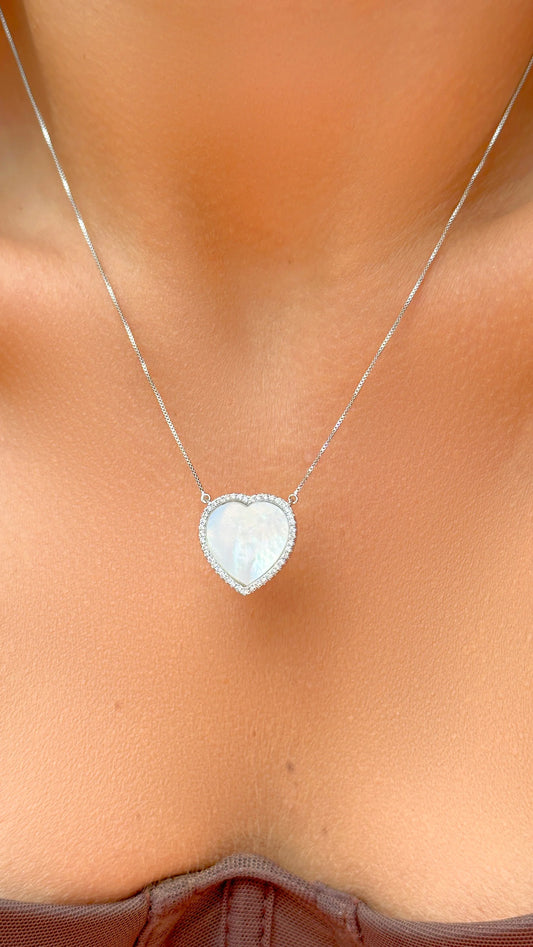 Mother of Pearl & White Zircon Heart Necklace