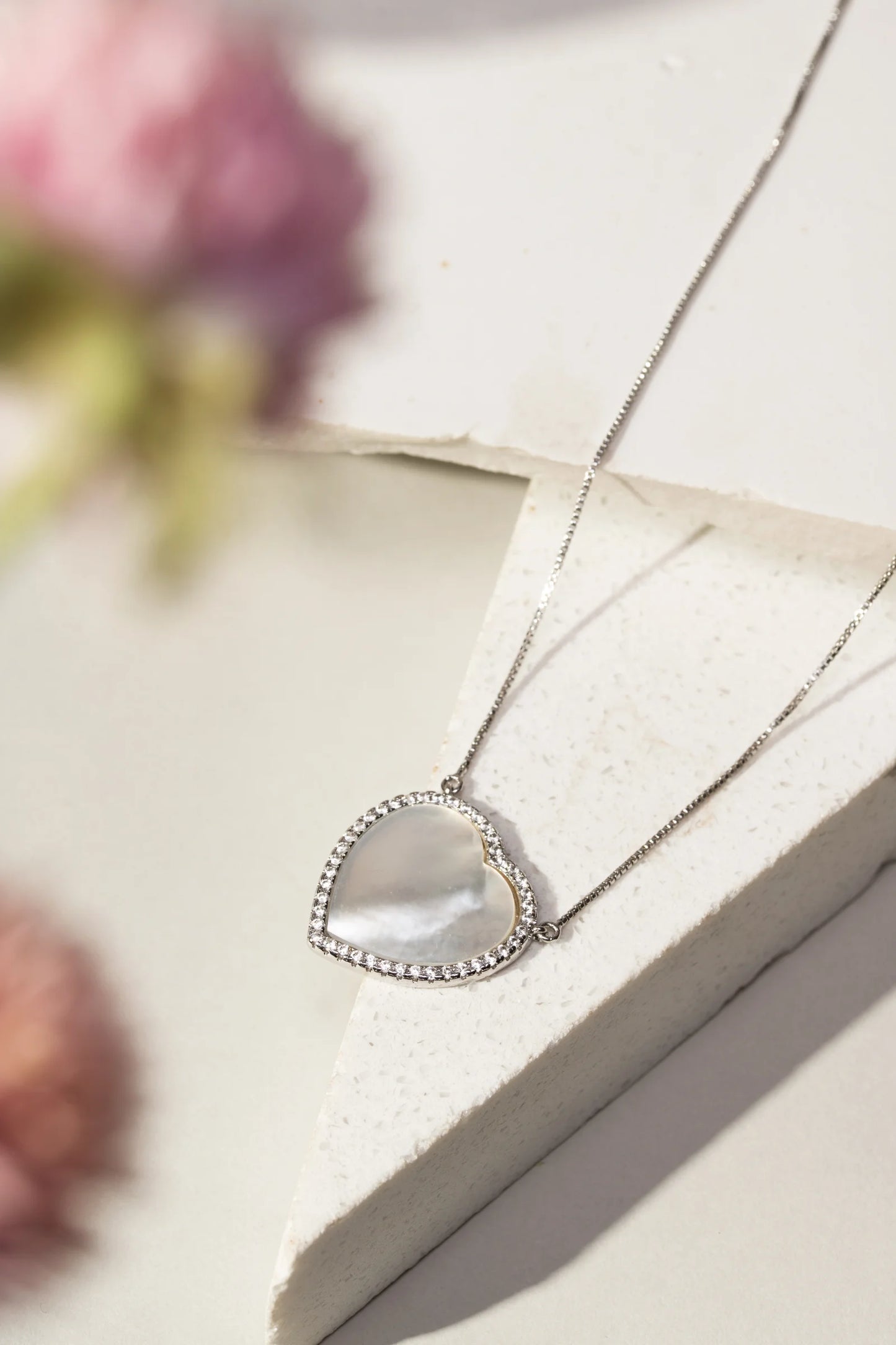 Mother of Pearl & White Zircon Heart Necklace