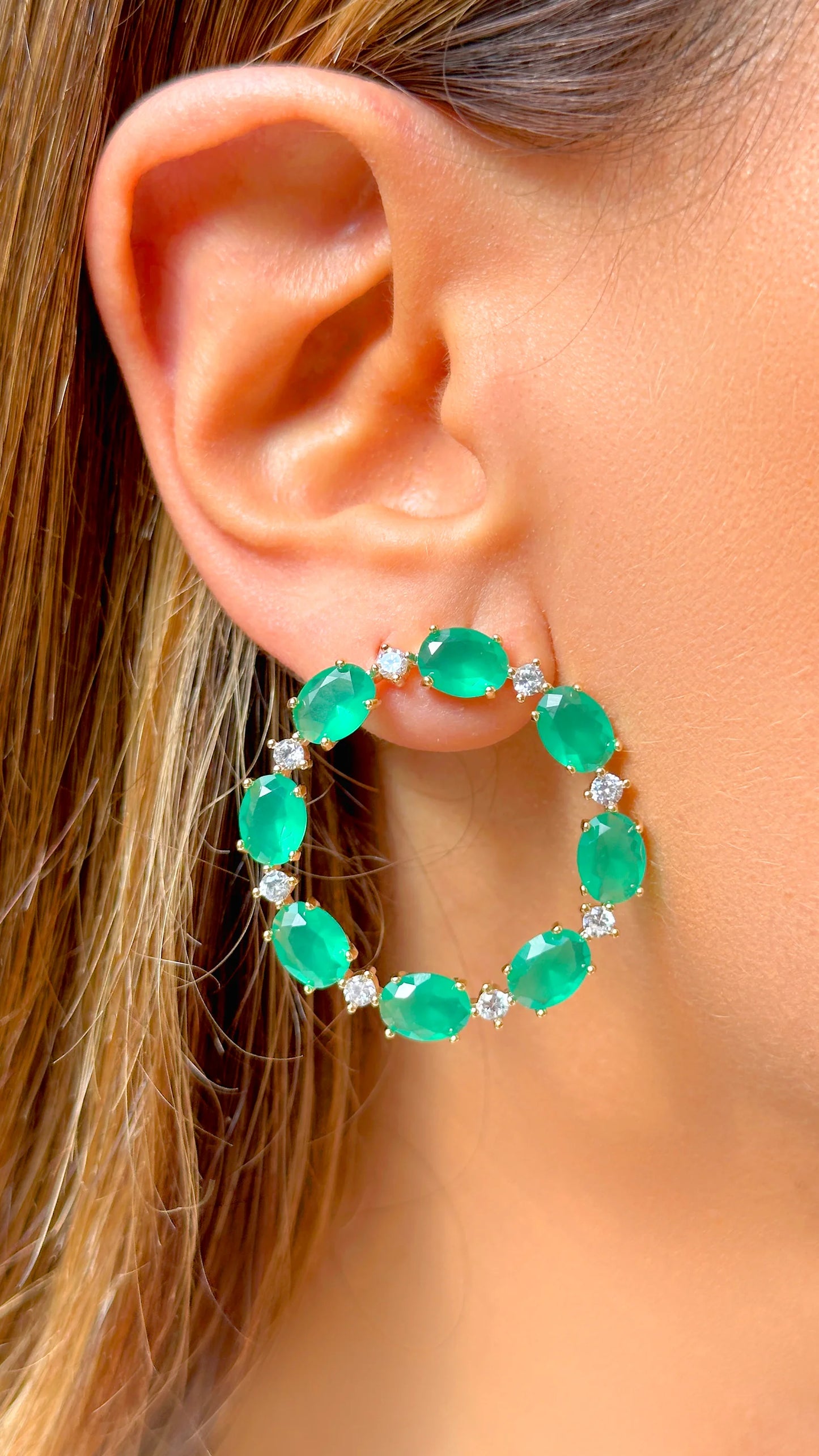 Emerald Crystal and White Zircon Circle Earrings
