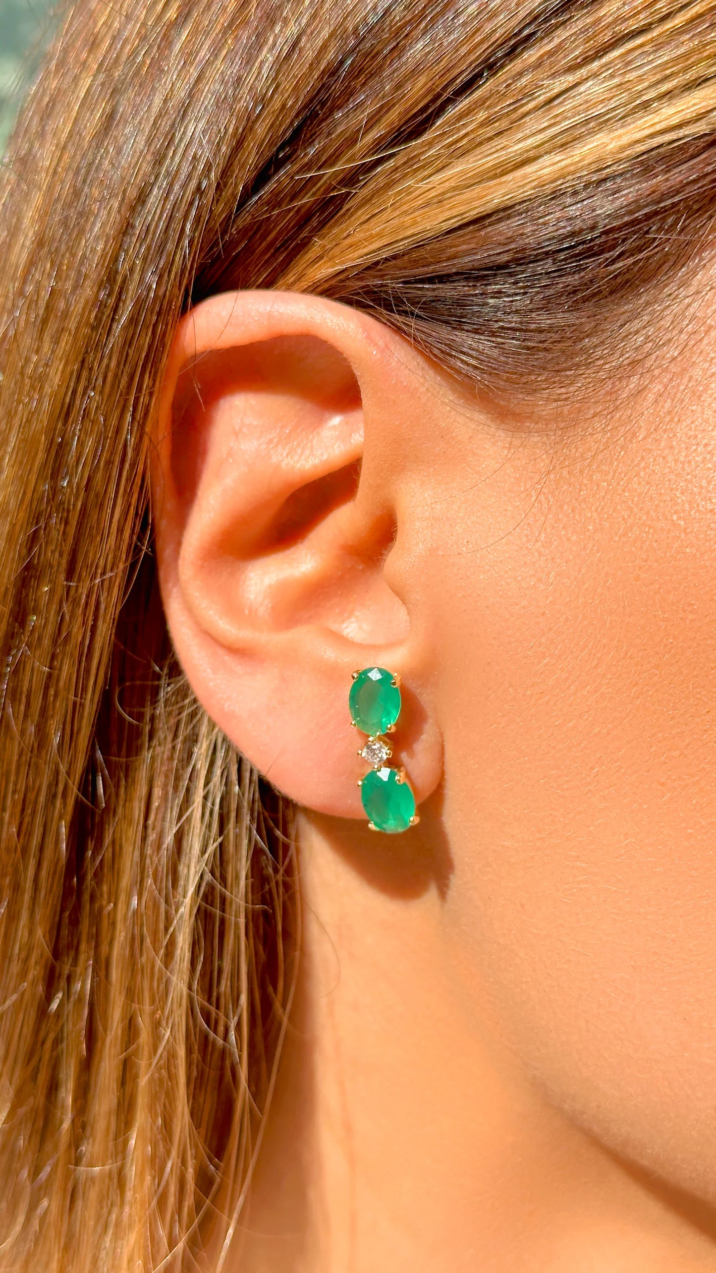 Emerald Crystal and White Zircon Oval Earrings