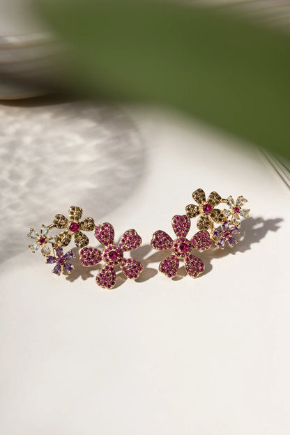 Blue Topaz and Amethyst Crystals Flowers Earcuffs