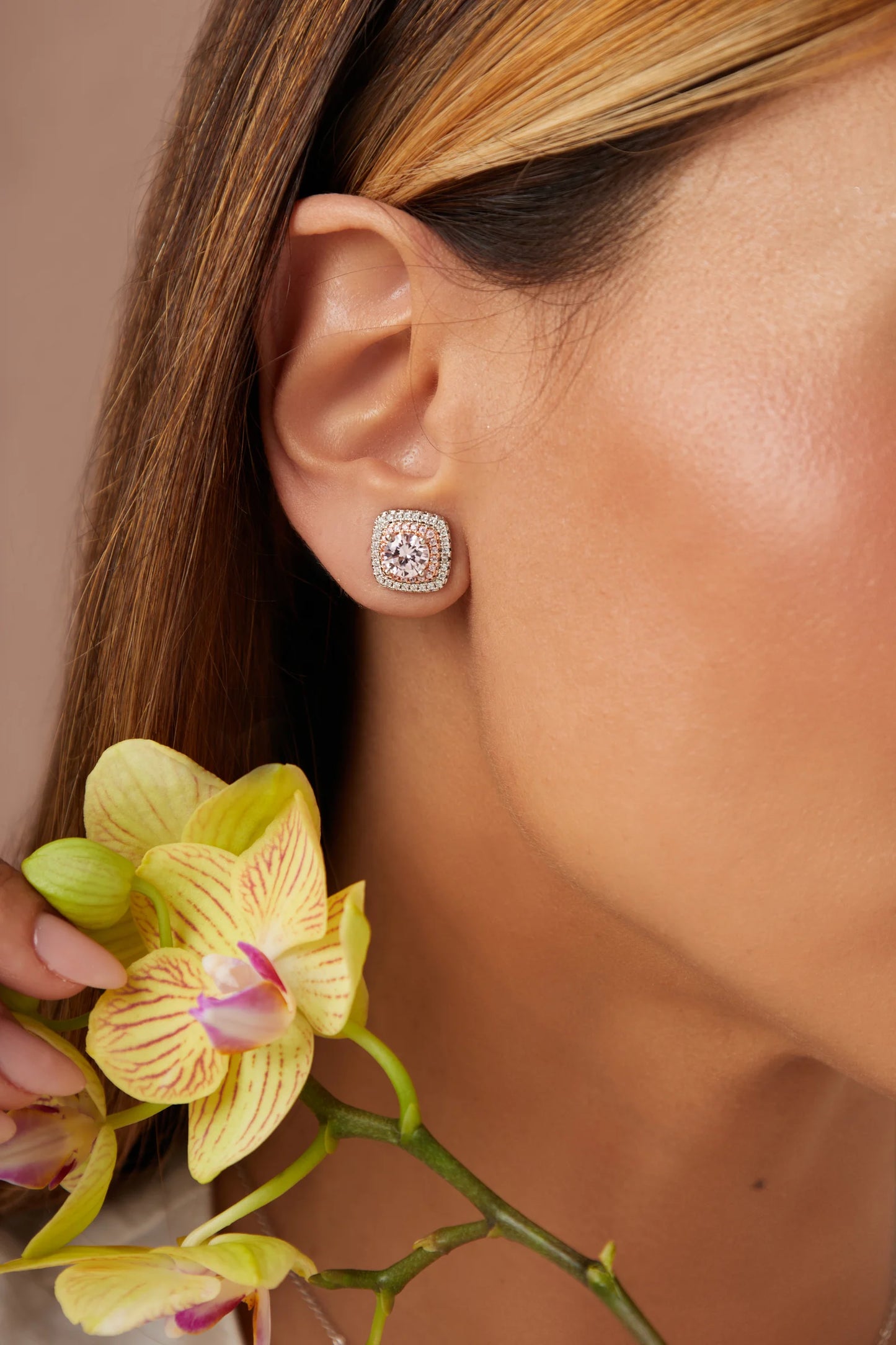 Pink & White Zircon Square Earrings