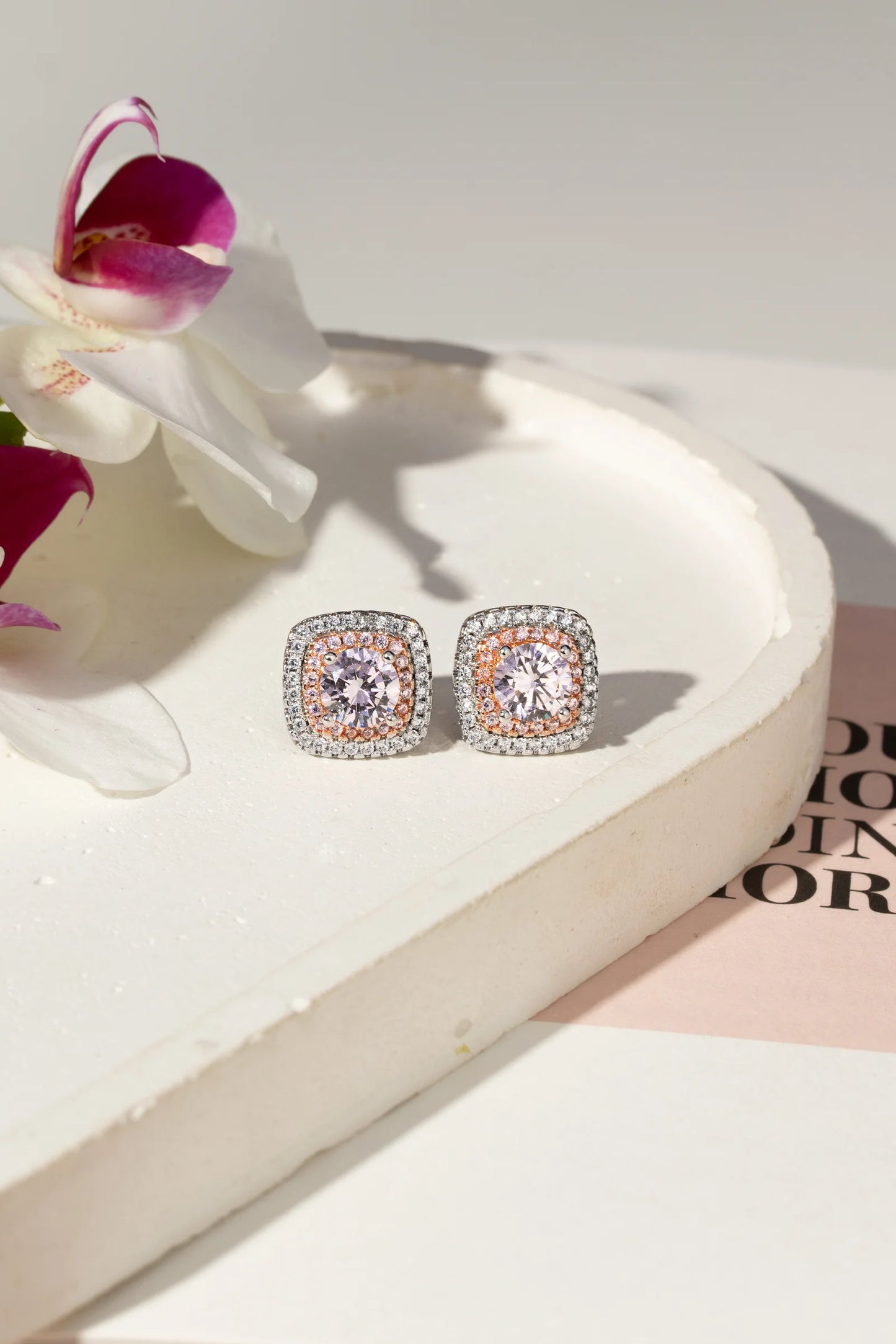 Pink & White Zircon Square Earrings