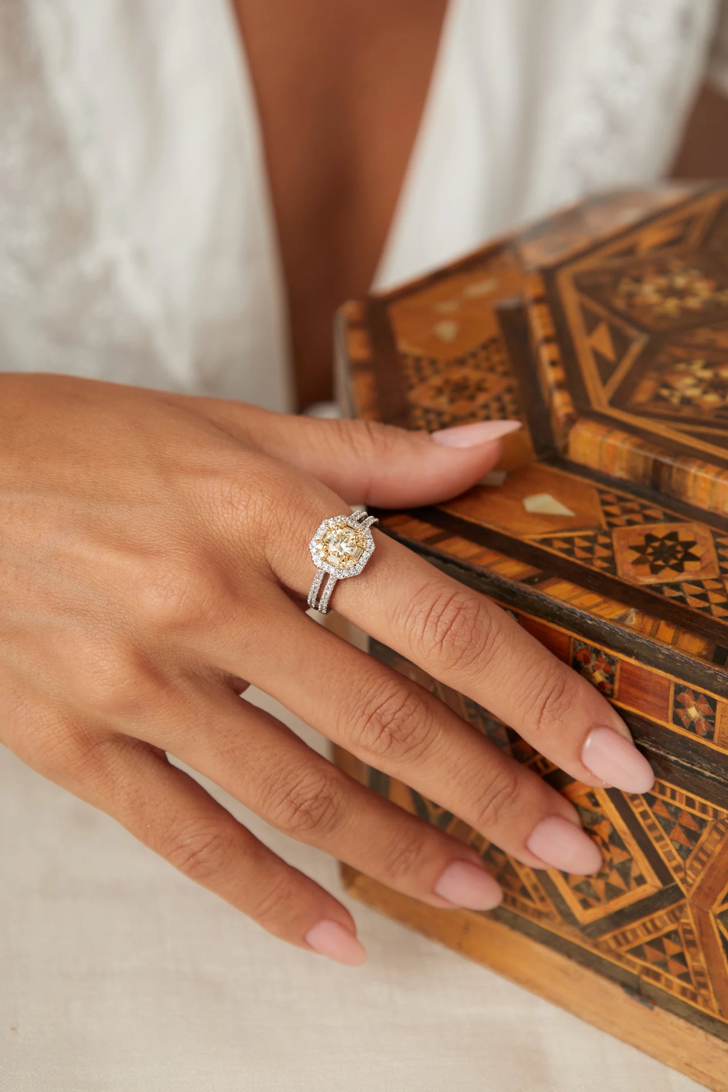 White and Yellow Baguette Zircon Square Ring
