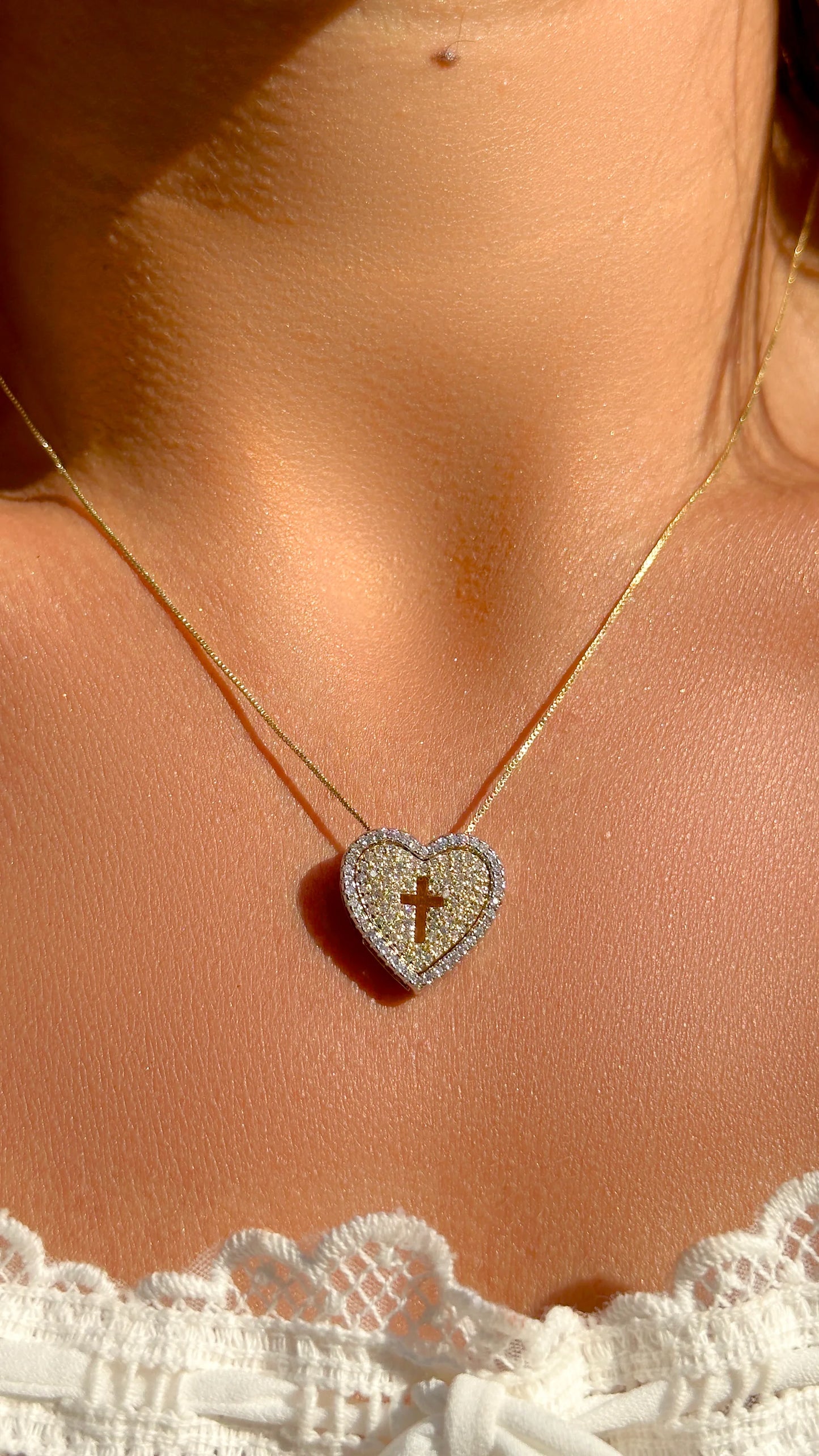 White Zircon Double Heart & Cross Necklace
