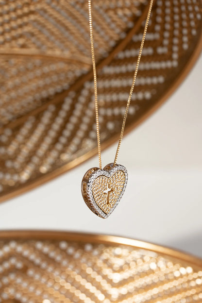 White Zircon Double Heart & Cross Necklace