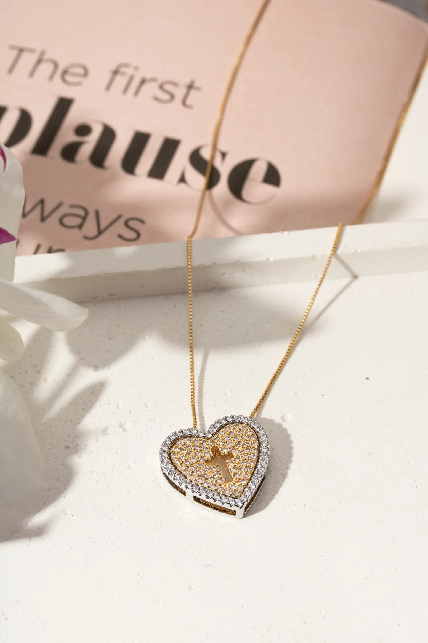 White Zircon Double Heart & Cross Necklace