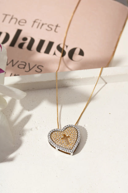 White Zircon Double Heart & Cross Necklace