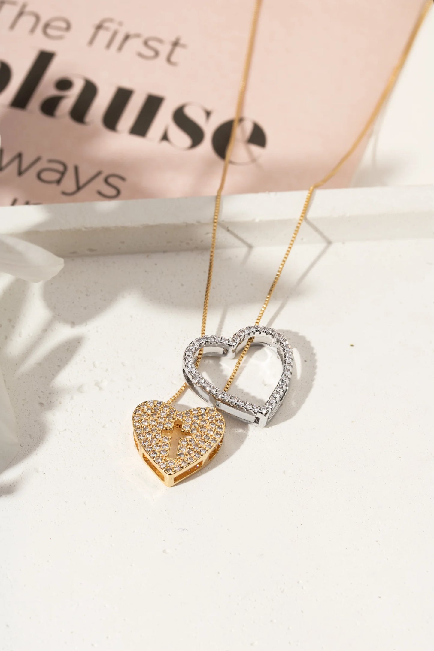 White Zircon Double Heart & Cross Necklace