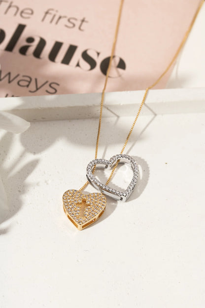 White Zircon Double Heart & Cross Necklace